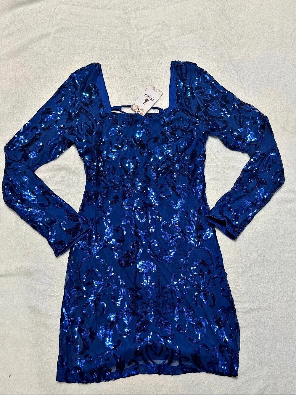 Royal Blue Sequin Long Sleeve Lace-Up Back Mini Dress